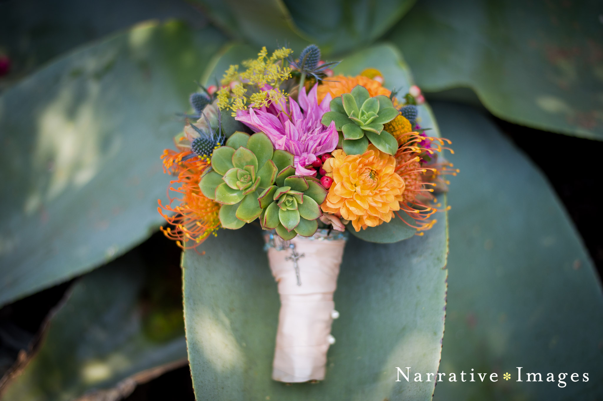 Bridal bouquet with succulents resting on agave plant San Diego ca The Inn at Rancho Santa Fe