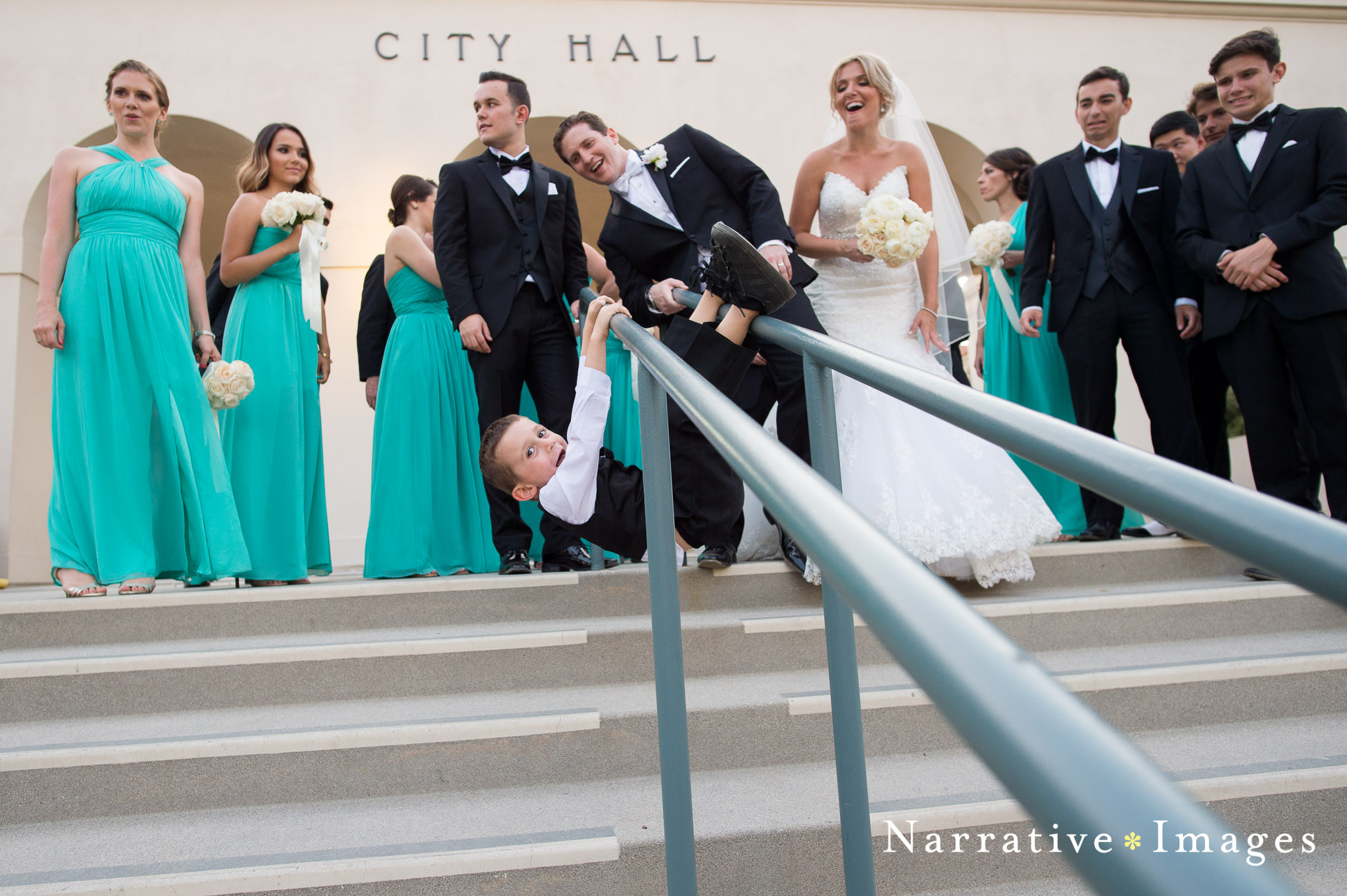 Wedding Party laughing outside city hall in Los Angeles
