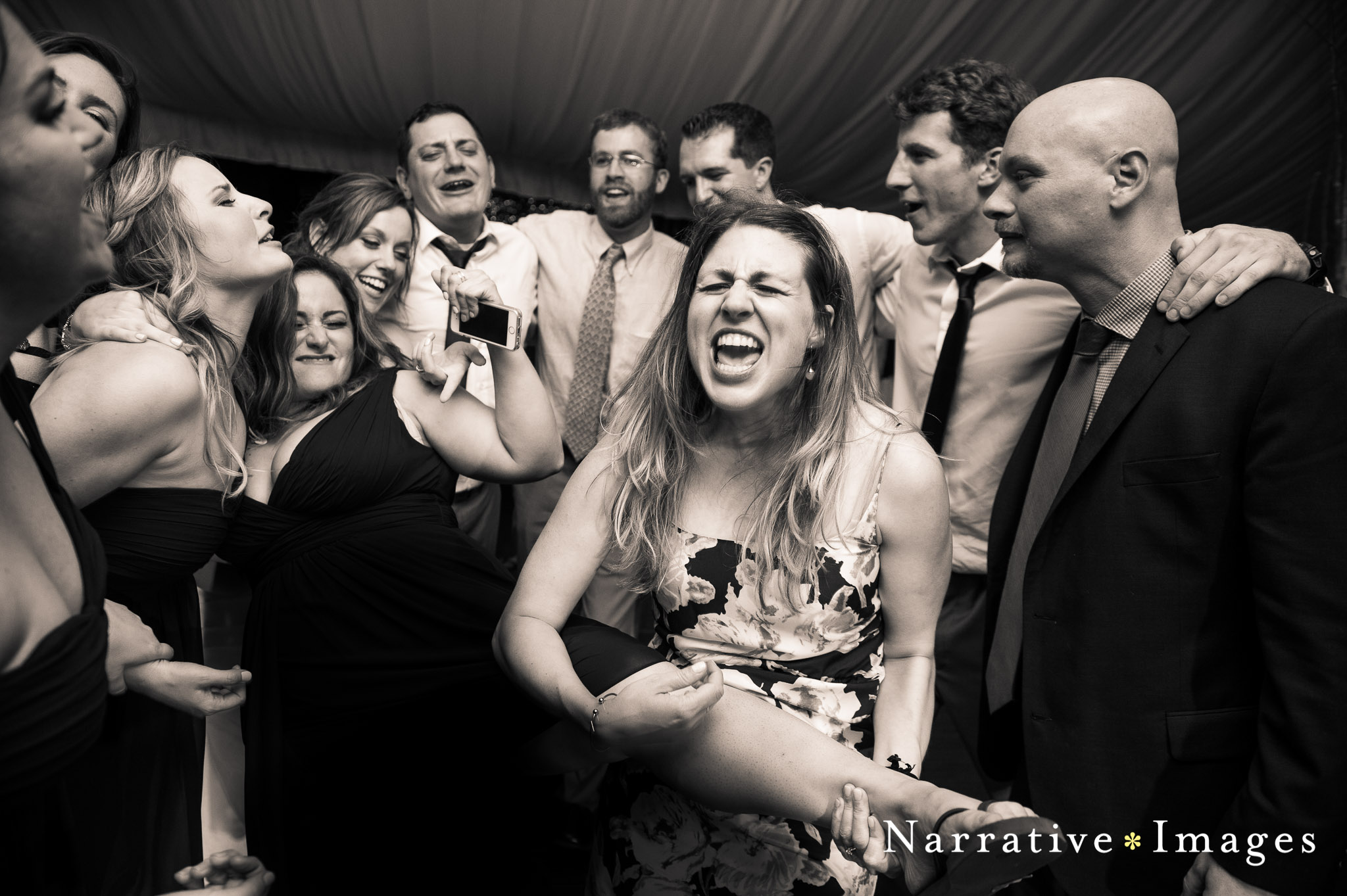 Wedding guests sing and rock out at reception at twin oaks garden estate