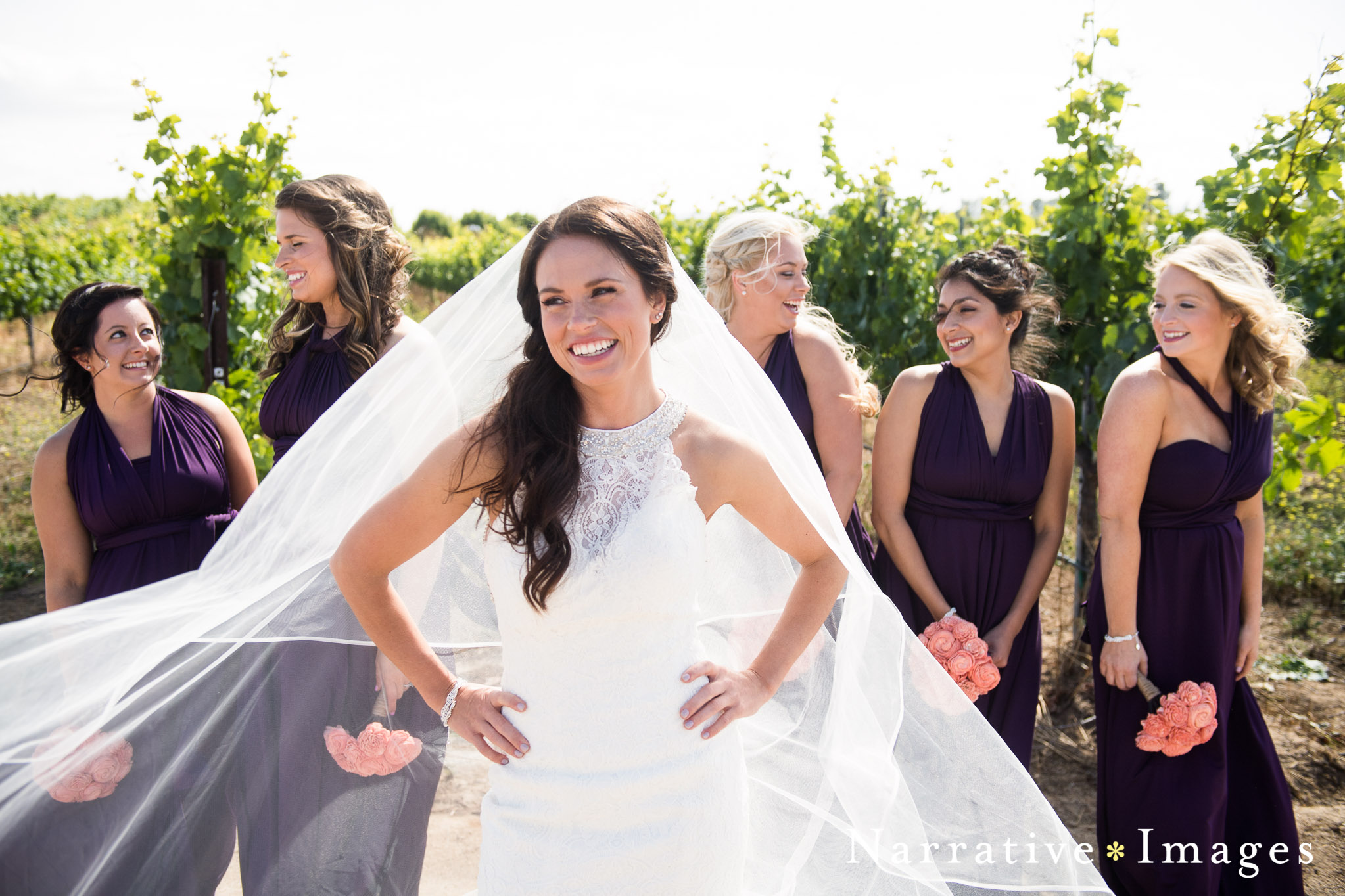 Candid Photojournalistic portrait of bride with bridesmaids in vineyard at mt. palomar winery