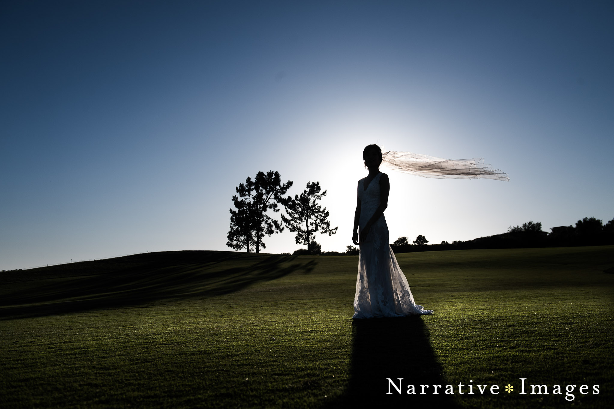 Bridal portrait on golf course sillhoette with veil blowing in wind