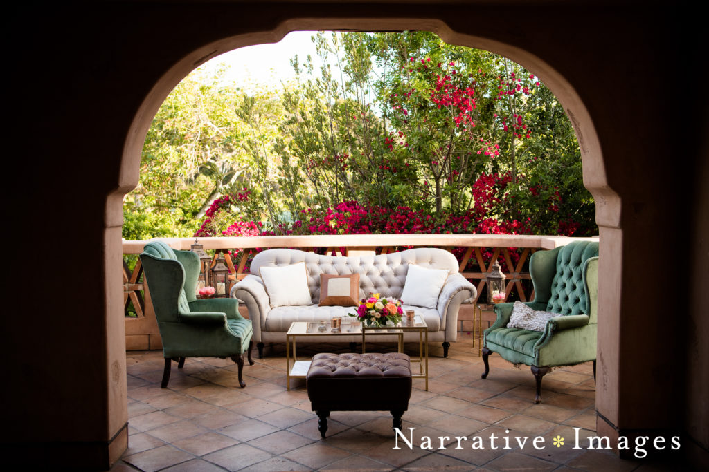 Lounge furniture setup for a wedding reception on the Terrace Patio at Rancho Valencia Resort and Spa in Rancho Santa Fe